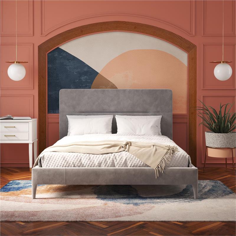 Pemberly Row Upholstered Platform Bed Queen in Light Gray Velvet