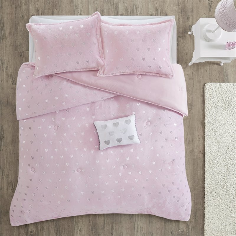 Pemberly Row Polyester Printed Brushed Comforter Set in Pink Blush