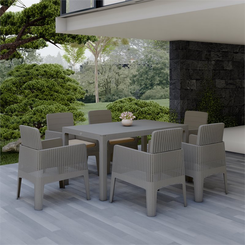 Pemberly Row 7-Piece Plastic Patio Dining Set with Beige Cushions in Gray