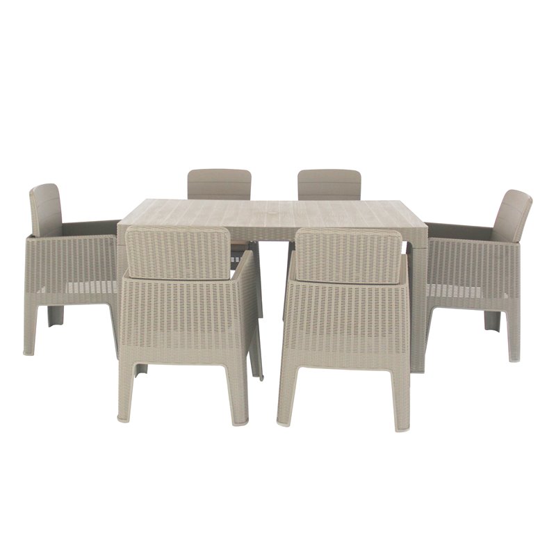 Pemberly Row 7-Piece Plastic Patio Dining Set with Beige Cushions in Gray