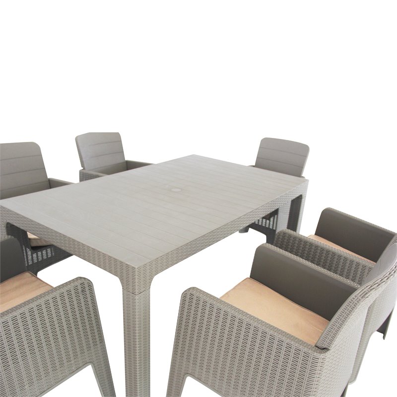 Pemberly Row 7-Piece Plastic Patio Dining Set with Beige Cushions in Gray