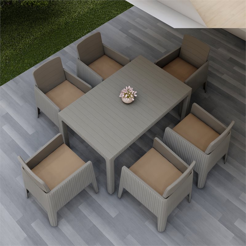 Pemberly Row 7-Piece Plastic Patio Dining Set with Beige Cushions in Gray