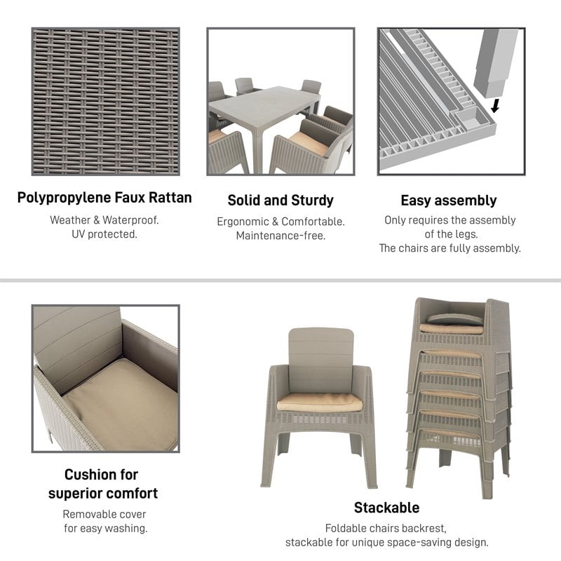 Pemberly Row 7-Piece Plastic Patio Dining Set with Beige Cushions in Gray