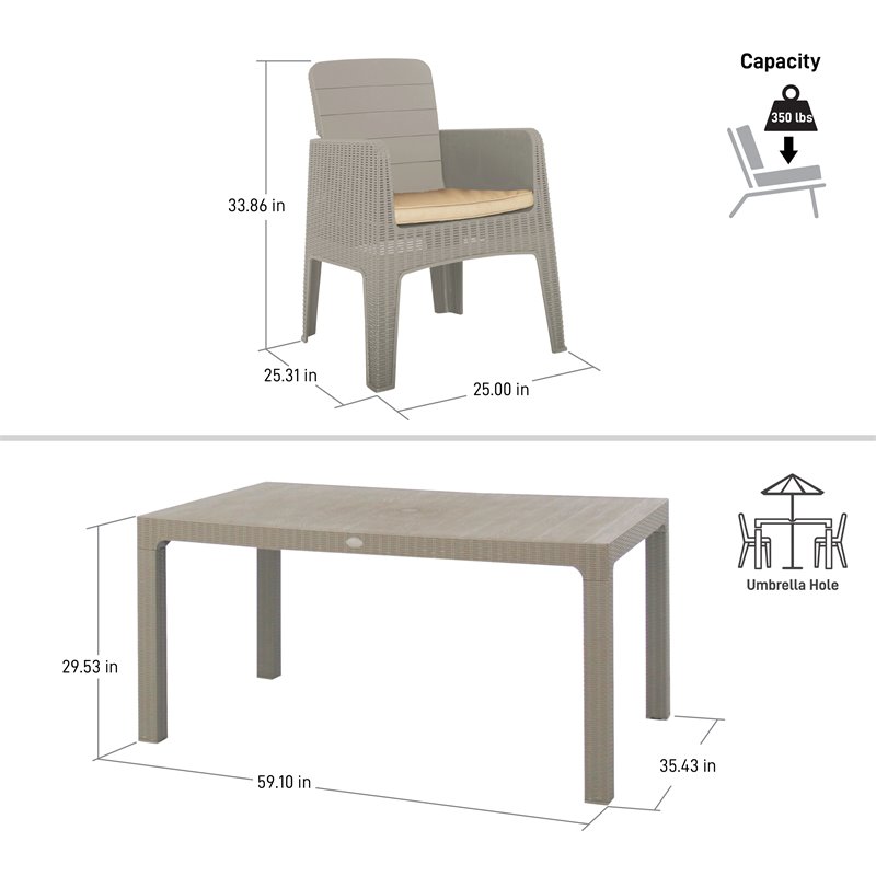 Pemberly Row 7-Piece Plastic Patio Dining Set with Beige Cushions in Gray