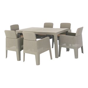 Pemberly Row 7-Piece Plastic Patio Dining Set with Beige Cushions in Gray