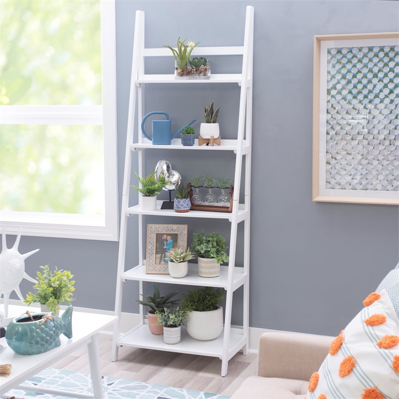Pemberly Row Modern / Contemporary Wood Five Shelf Bookcase in White