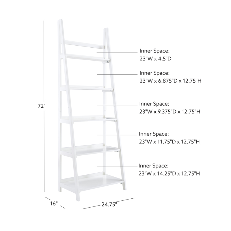 Pemberly Row Modern / Contemporary Wood Five Shelf Bookcase in White