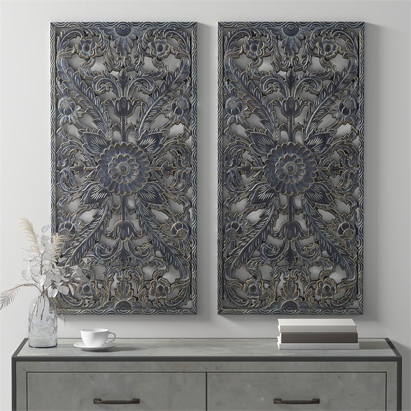 Pemberly Row MDF Botanical Panel Carved Wall Panel in Blue (Set of 2)