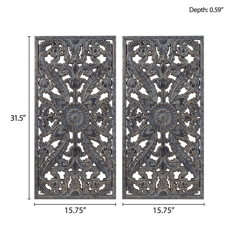 Pemberly Row MDF Botanical Panel Carved Wall Panel in Blue (Set of 2)