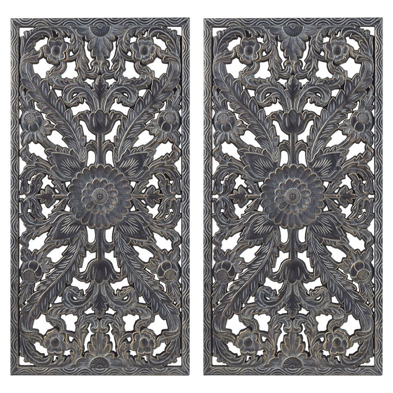 Pemberly Row MDF Botanical Panel Carved Wall Panel in Blue (Set of 2)