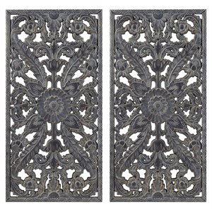 Pemberly Row MDF Botanical Panel Carved Wall Panel in Blue (Set of 2)