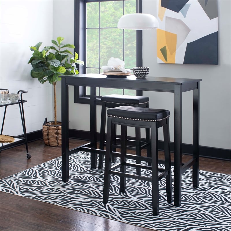 Pemberly Row Three Piece Bar Dining Set Faux Leather Seats in Black Wood