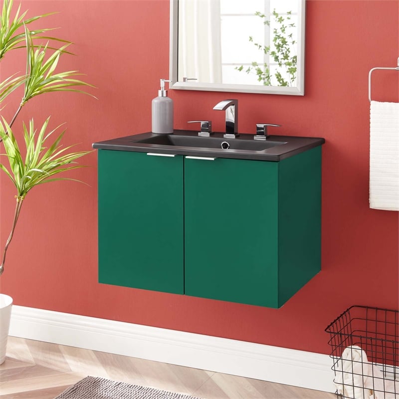 Pemberly Row Modern Wood Wall-Mount Bathroom Vanity in Green/Black