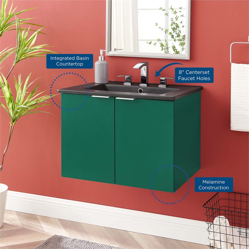 Pemberly Row Modern Wood Wall-Mount Bathroom Vanity in Green/Black