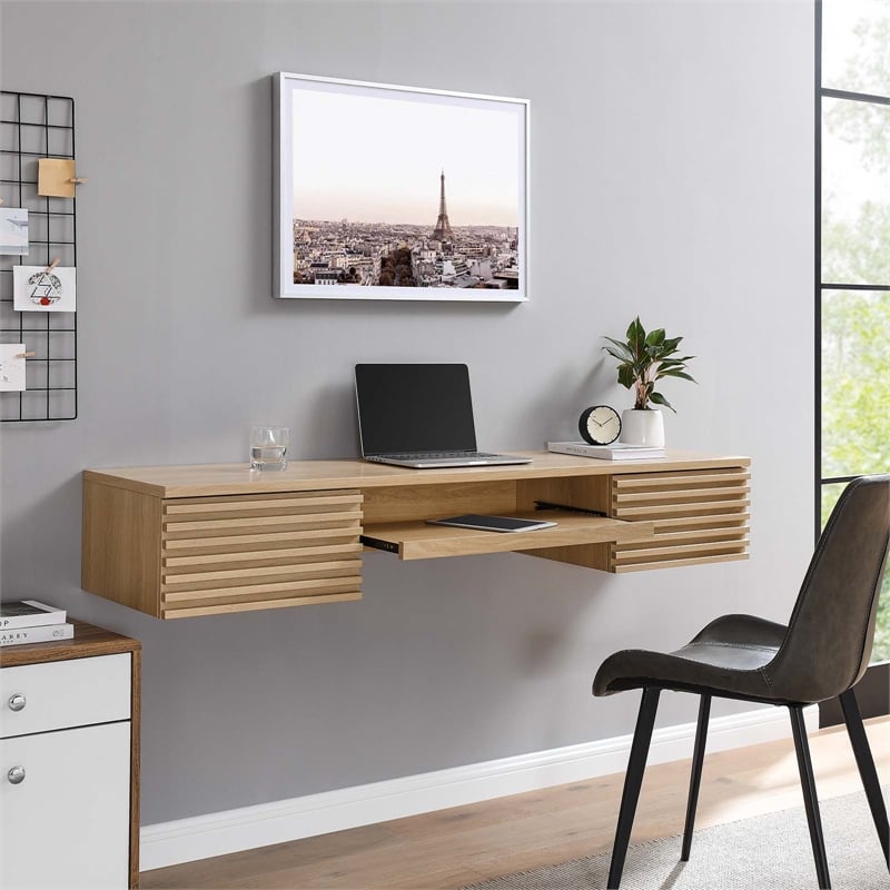 Pemberly Row Wall Mount Particleboard and Wood Office Desk in Oak