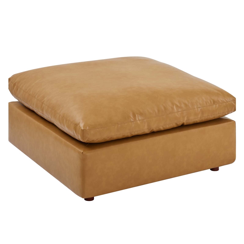 Pemberly Row Down Filled Overstuffed Faux Leather Ottoman in Tan