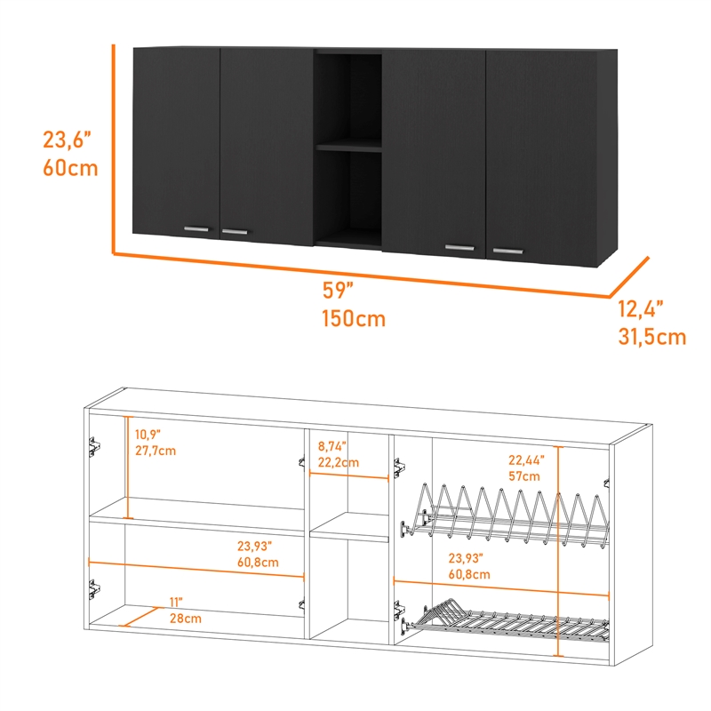 Pemberly Row Modern Wall Cabinet Two Shelves Engineered Wood Black