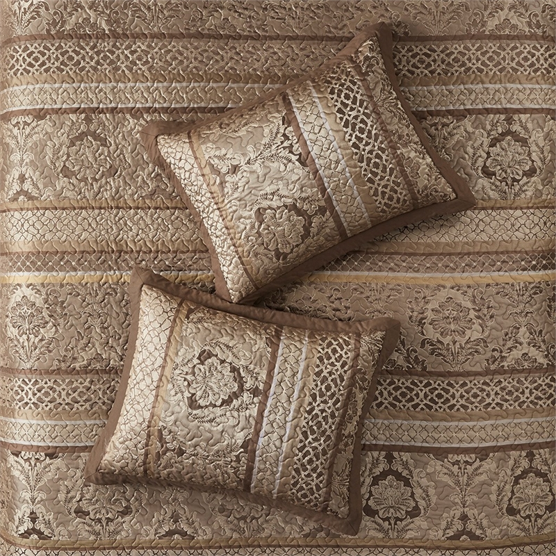 Pemberly Row 5 Piece Reversible Jacquard Bedspread Set in Brown/Gold