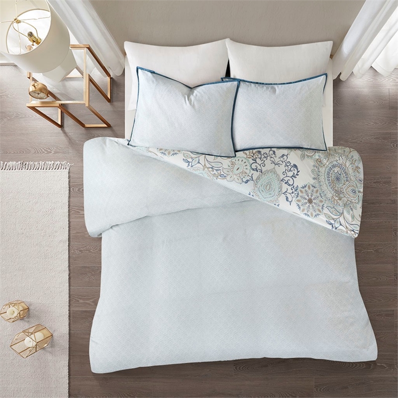 Pemberly Row 3 Piece Cotton Floral Printed Reversible Duvet Cover Set Blue