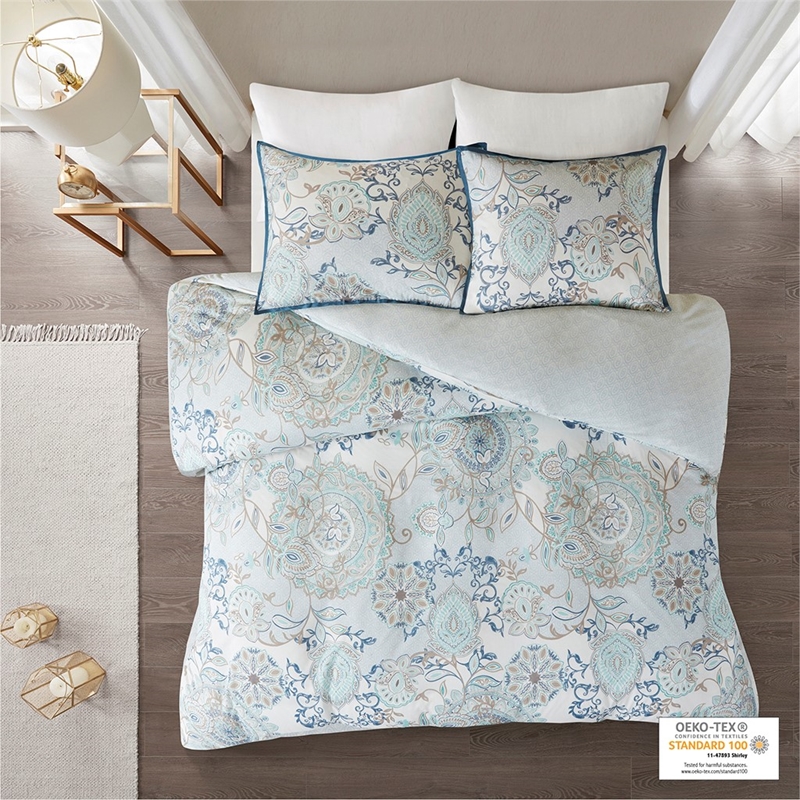 Pemberly Row 3 Piece Cotton Floral Printed Reversible Duvet Cover Set Blue
