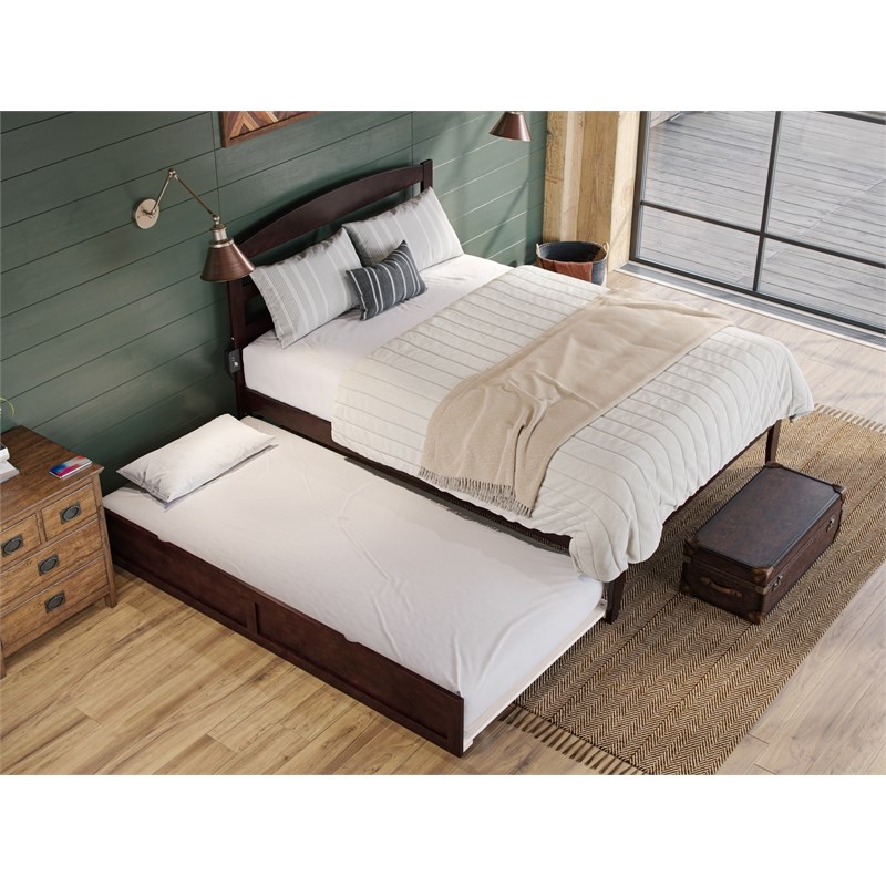 Pemberly Row Queen Solid Wood Platform Bed with Twin XL Trundle in Espresso