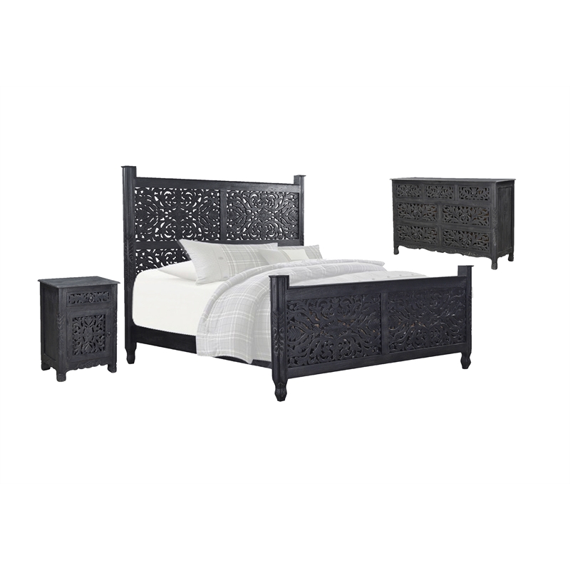 Pemberly Row Modern Carved Solid Wood King Panel Bed in Black