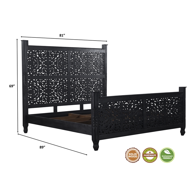 Pemberly Row Modern Carved Solid Wood King Panel Bed in Black