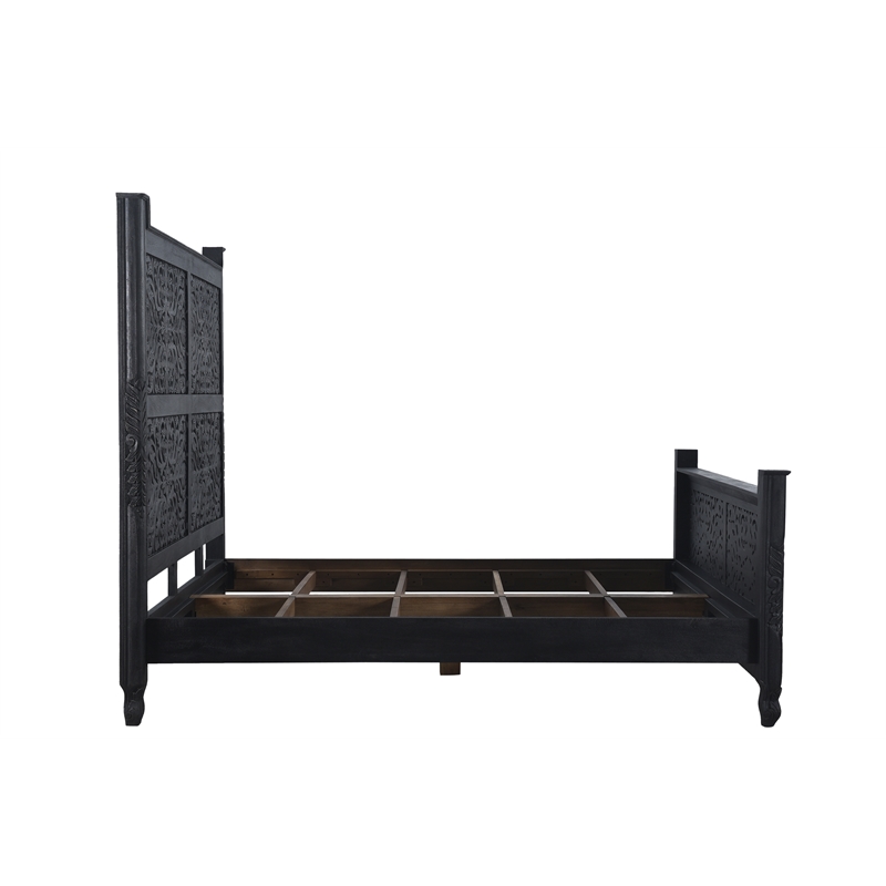 Pemberly Row Modern Carved Solid Wood King Panel Bed in Black