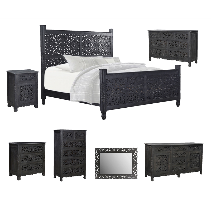 Pemberly Row Modern Carved Solid Wood King Panel Bed in Black
