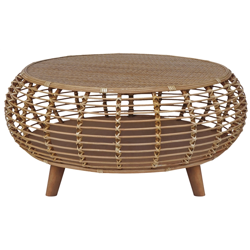 Pemberly Row Transitional Rattan Coffee Table in Natural/Gray