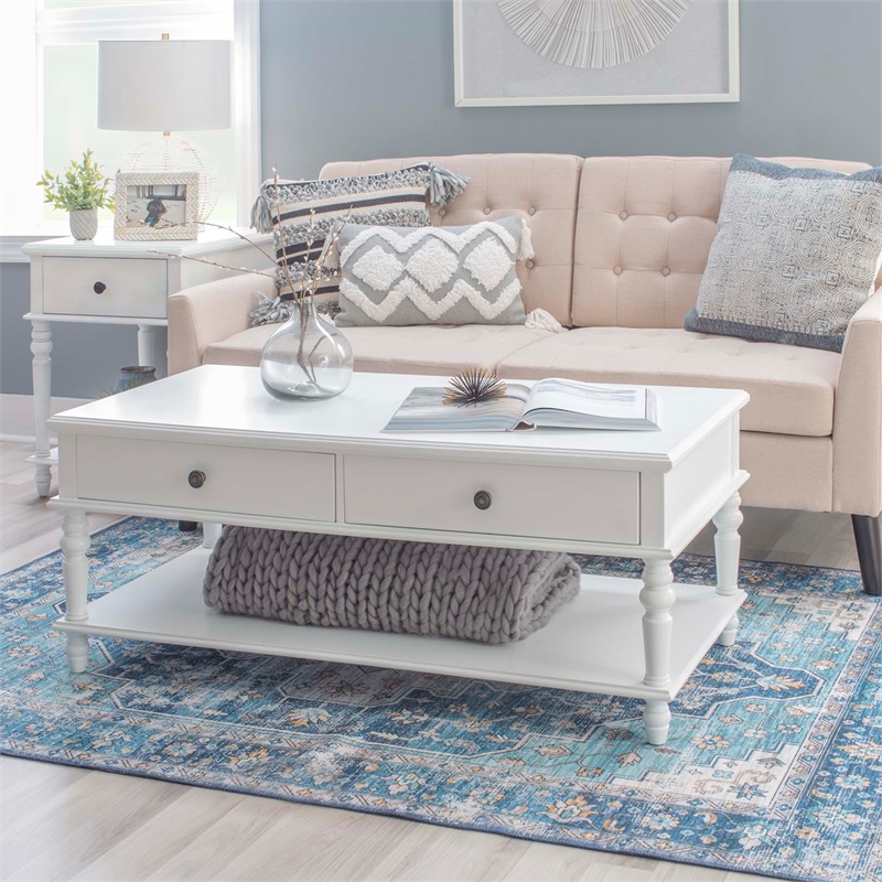 Pemberly Row Wood Coffee Table with 2 Drawers & Bottom Shelf in White