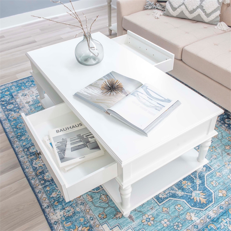 Pemberly Row Wood Coffee Table with 2 Drawers & Bottom Shelf in White