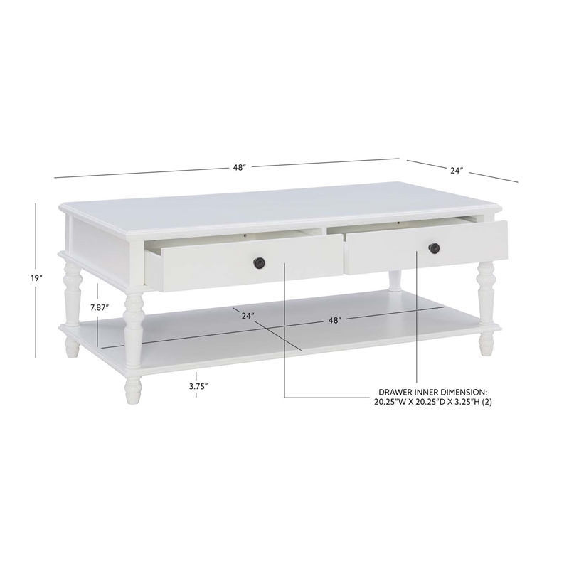 Pemberly Row Wood Coffee Table with 2 Drawers & Bottom Shelf in White