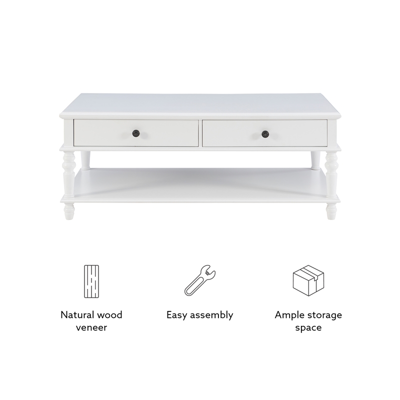 Pemberly Row Wood Coffee Table with 2 Drawers & Bottom Shelf in White