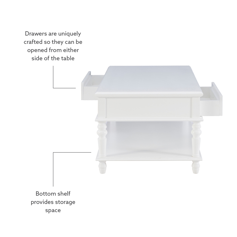 Pemberly Row Wood Coffee Table with 2 Drawers & Bottom Shelf in White