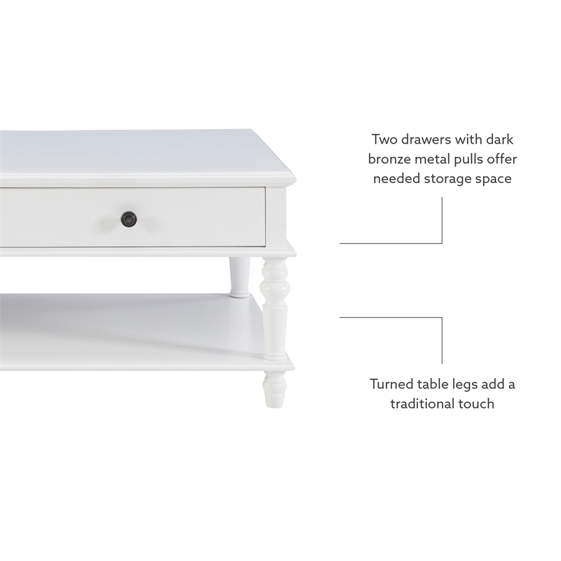 Pemberly Row Wood Coffee Table with 2 Drawers & Bottom Shelf in White