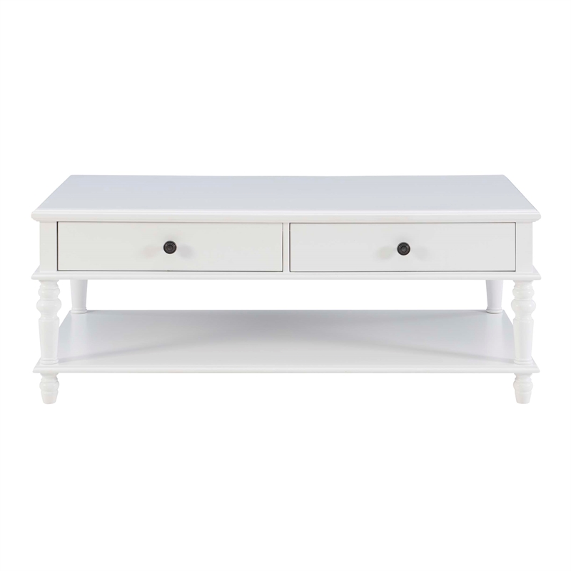 Pemberly Row Wood Coffee Table with 2 Drawers & Bottom Shelf in White