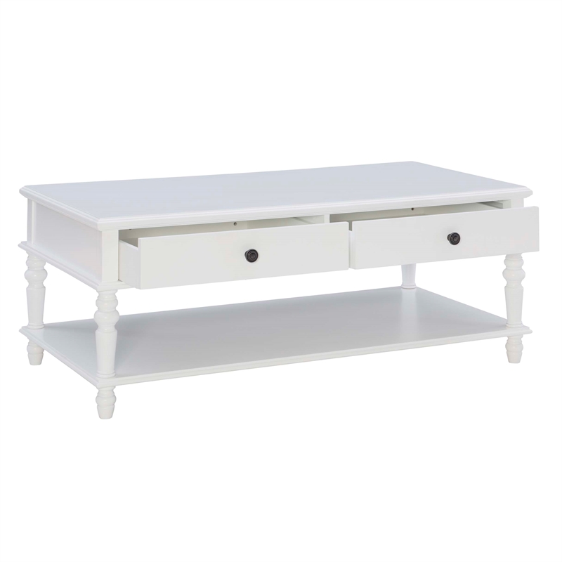 Pemberly Row Wood Coffee Table with 2 Drawers & Bottom Shelf in White