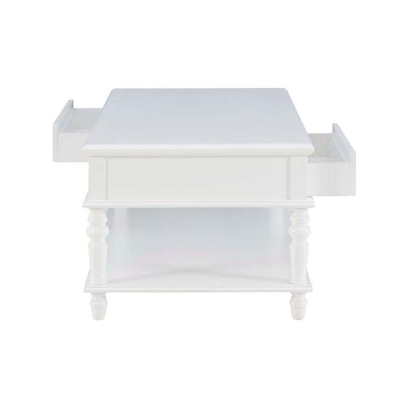 Pemberly Row Wood Coffee Table with 2 Drawers & Bottom Shelf in White