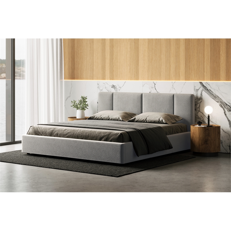 Pemberly Row Upholstered Platform King Bed in Gray Boucle Fabric