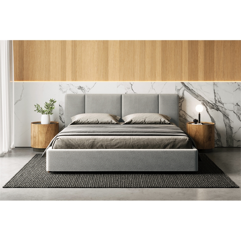 Pemberly Row Upholstered Platform King Bed in Gray Boucle Fabric