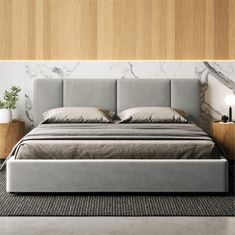 Pemberly Row Upholstered Platform King Bed in Gray Boucle Fabric