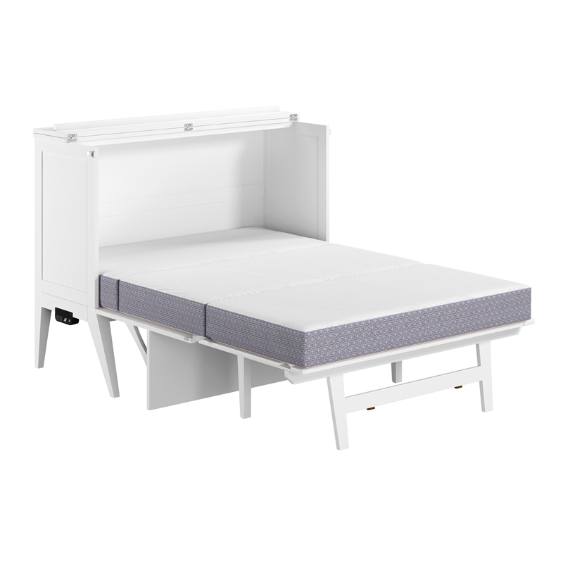 Pemberly Row Full Wood Murphy Bed Desk with Mattress & Built-in Charger in White