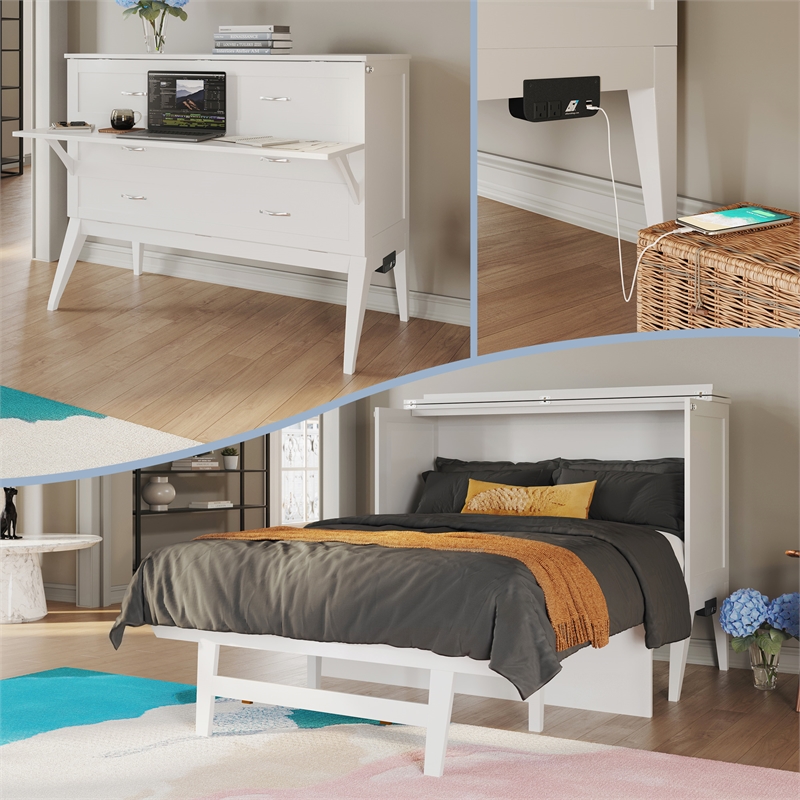 Pemberly Row Full Wood Murphy Bed Desk with Mattress & Built-in Charger in White