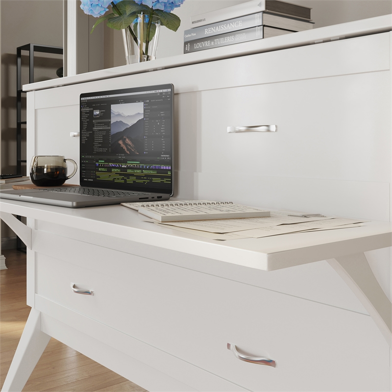Pemberly Row Full Wood Murphy Bed Desk with Mattress & Built-in Charger in White