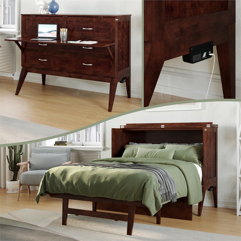Pemberly Row Full Wood Murphy Bed Desk with Mattress & Built-in Charger - Walnut