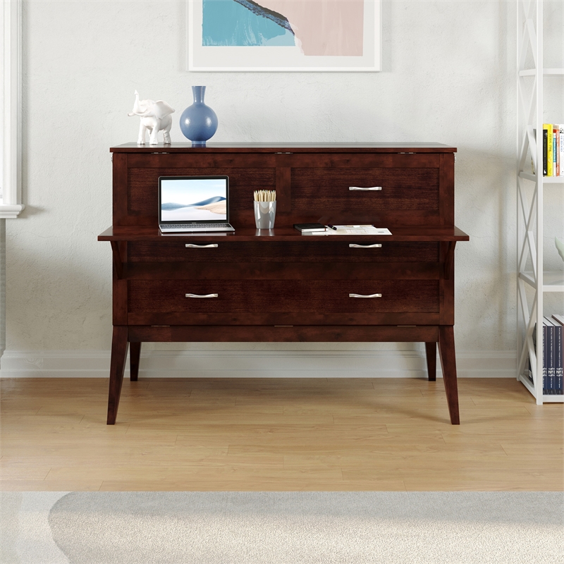 Pemberly Row Full Wood Murphy Bed Desk with Mattress & Built-in Charger - Walnut