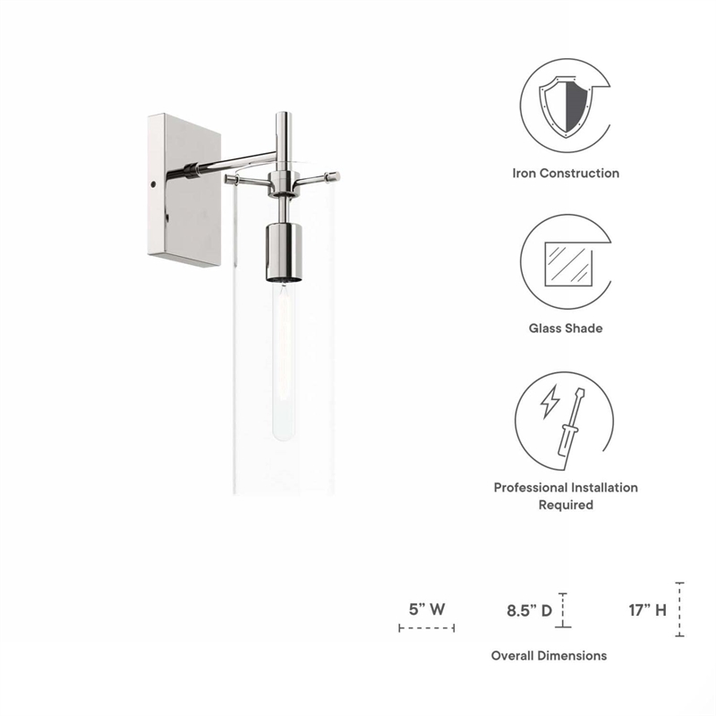 Pemberly Row Modern Glass Wall Sconce in Clear/Polished Nickel