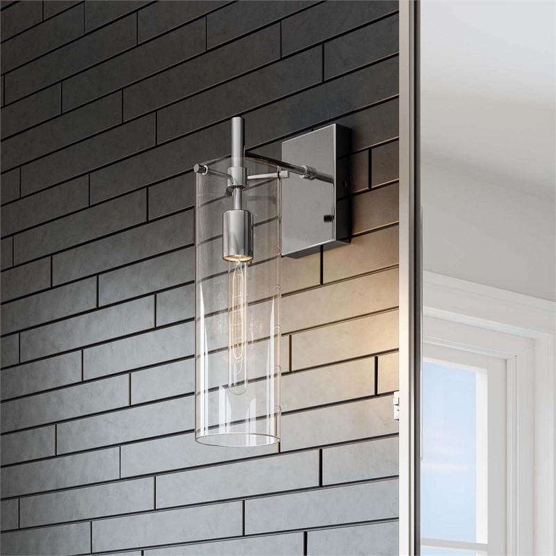 Pemberly Row Modern Glass Wall Sconce in Clear/Polished Nickel
