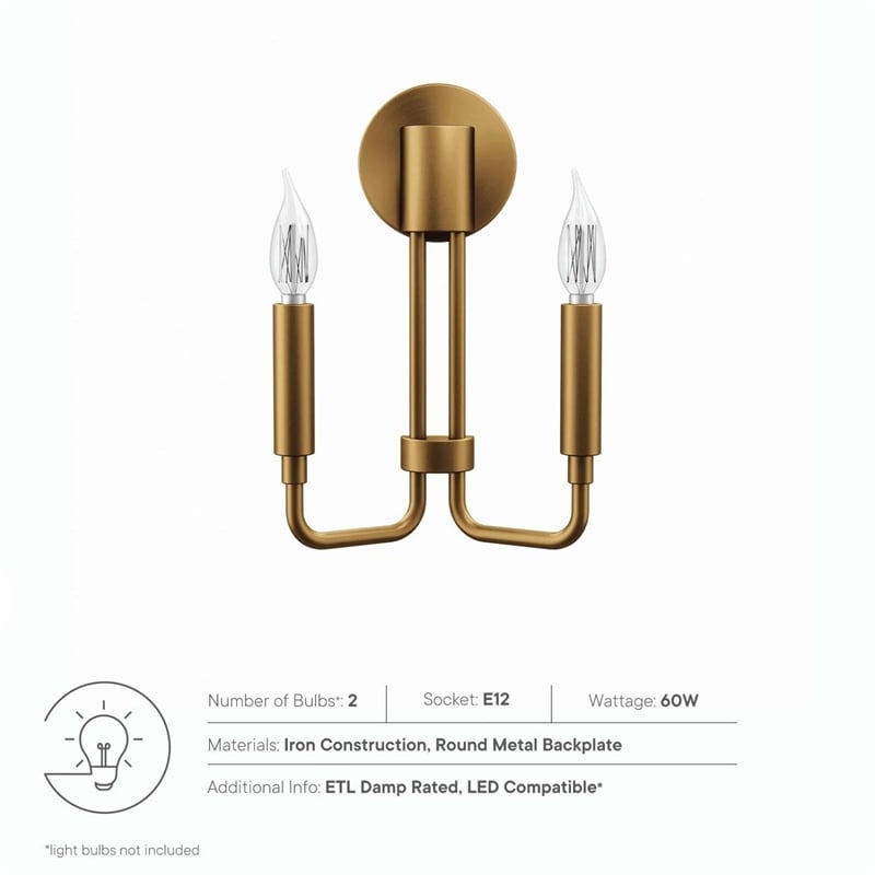 Pemberly Row Modern 2-Light Iron Metal Wall Sconce in Satin Brass